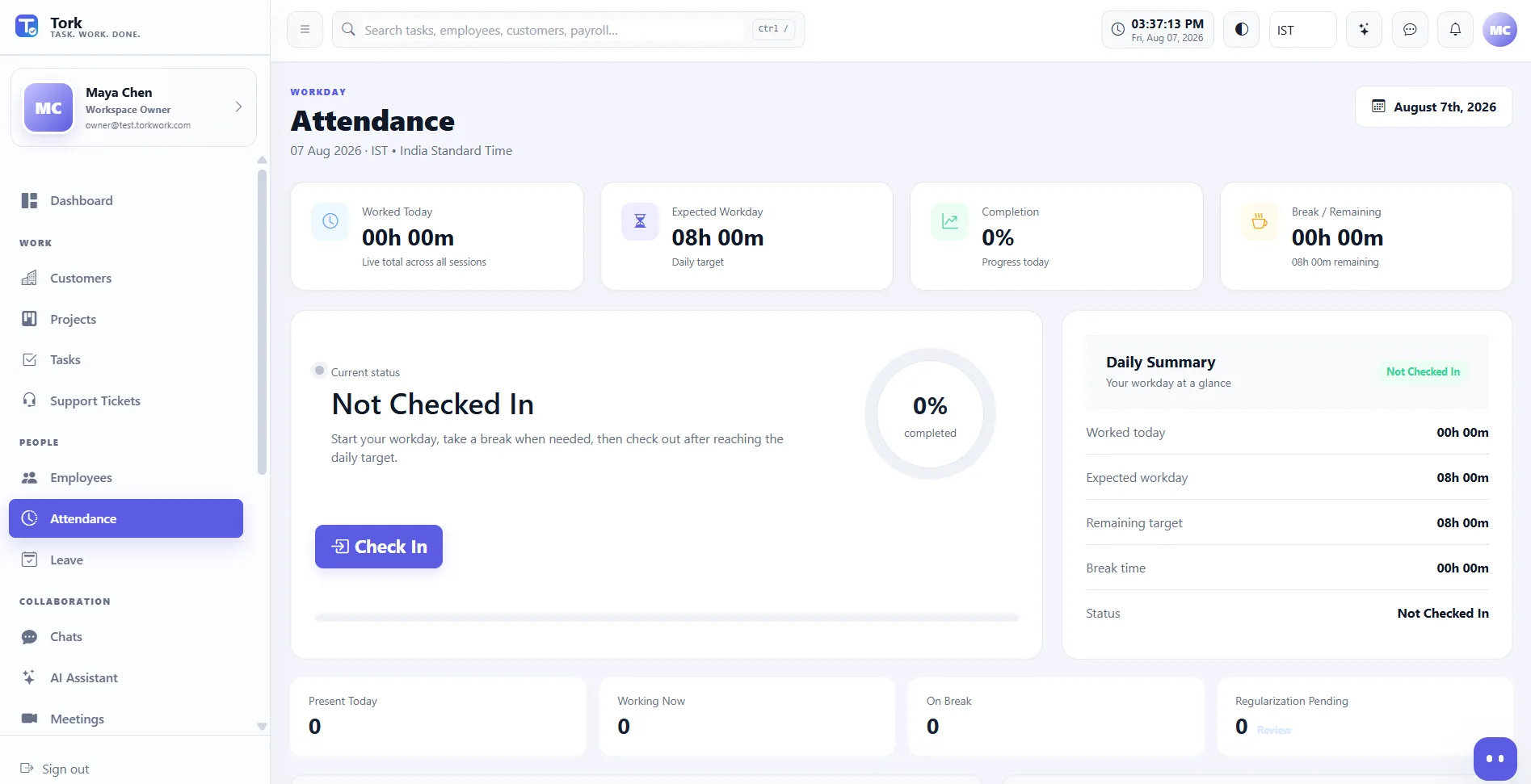 Tork Attendance screen using demo data